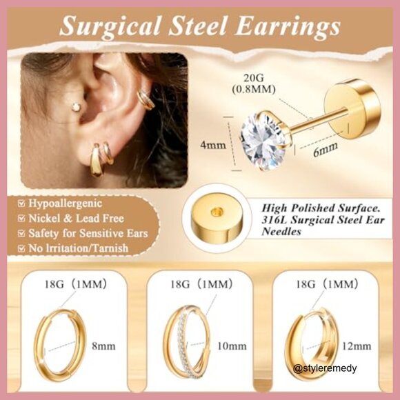 14K Gold Plated Chunky Hoop Earrings Hypoallergenic Silver Studs Set - Picture 2 of 7